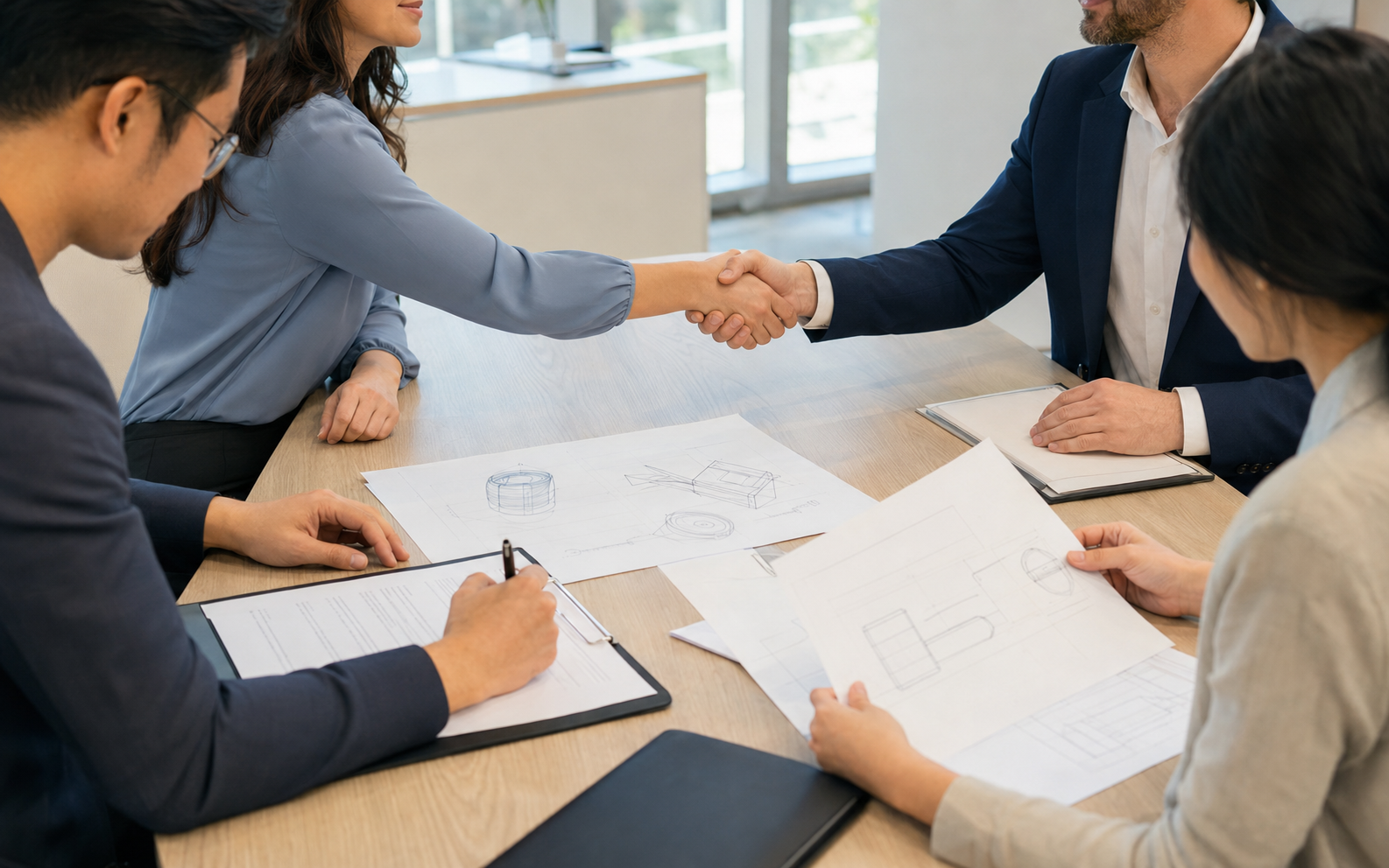 A professional project meeting with a contract signing and handshake