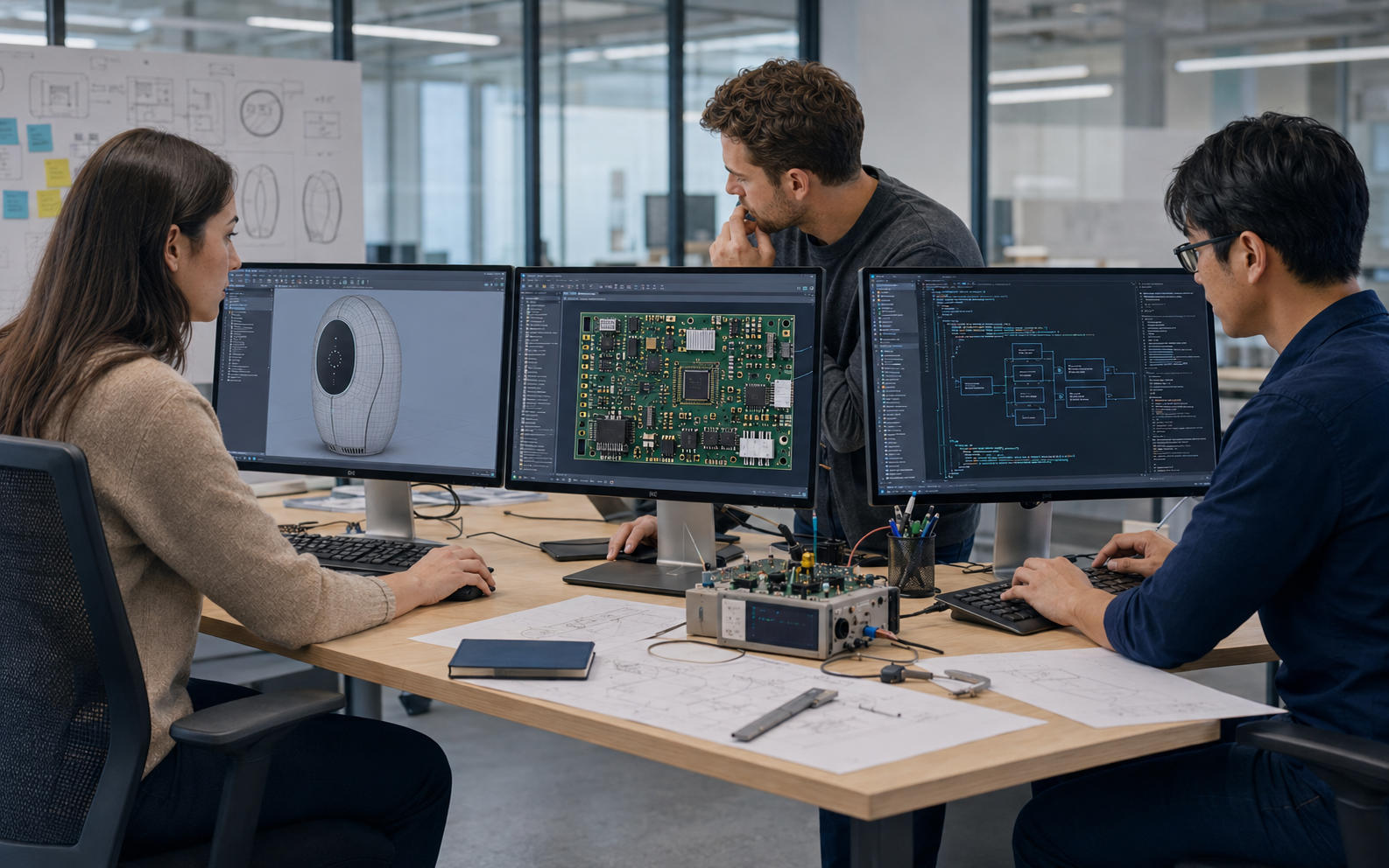 Engineers designing mechanics, electronics and software