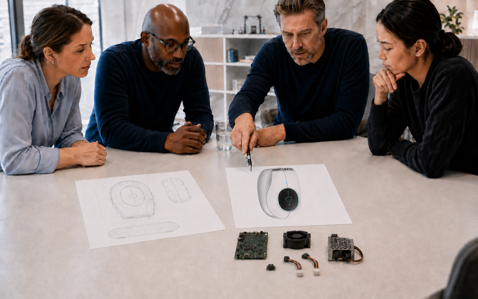 Customer and engineers reviewing printed product drawings and components