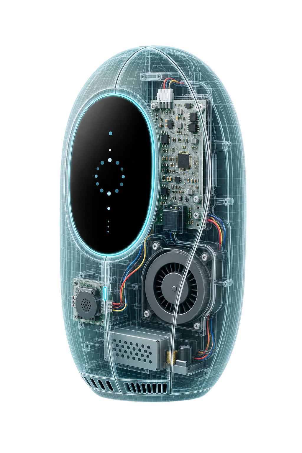 CAD X-ray rendering showing the controller's enclosure mesh and internal electronics
